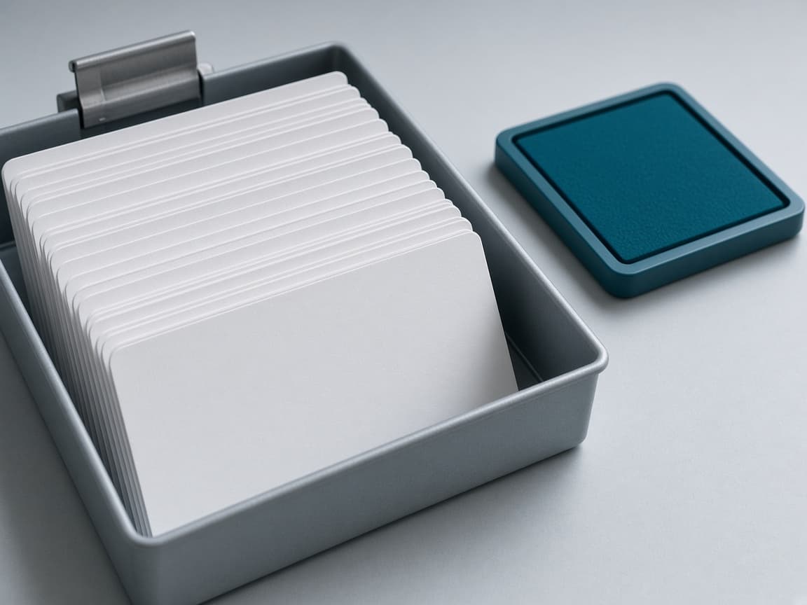 White checkout cards stacked in a metal tray